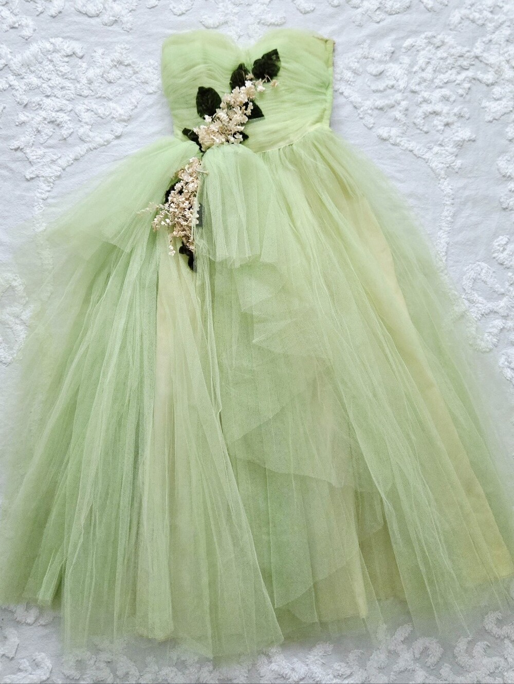 Vtg 1950s Pale Green Tulle + Satin Tea Dress By Will Steinman, W 0/2 Or Girls L